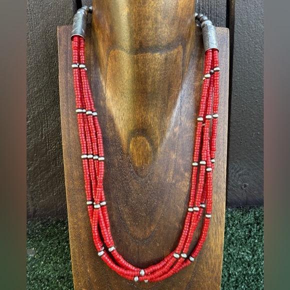 Sterling Silver Multi Strand Red Coral W Pearls Bead Necklace 22 Inch